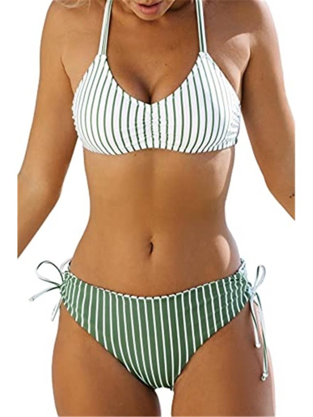 Green & White Striped Bikini Set Braided Straps Reversible Bottom